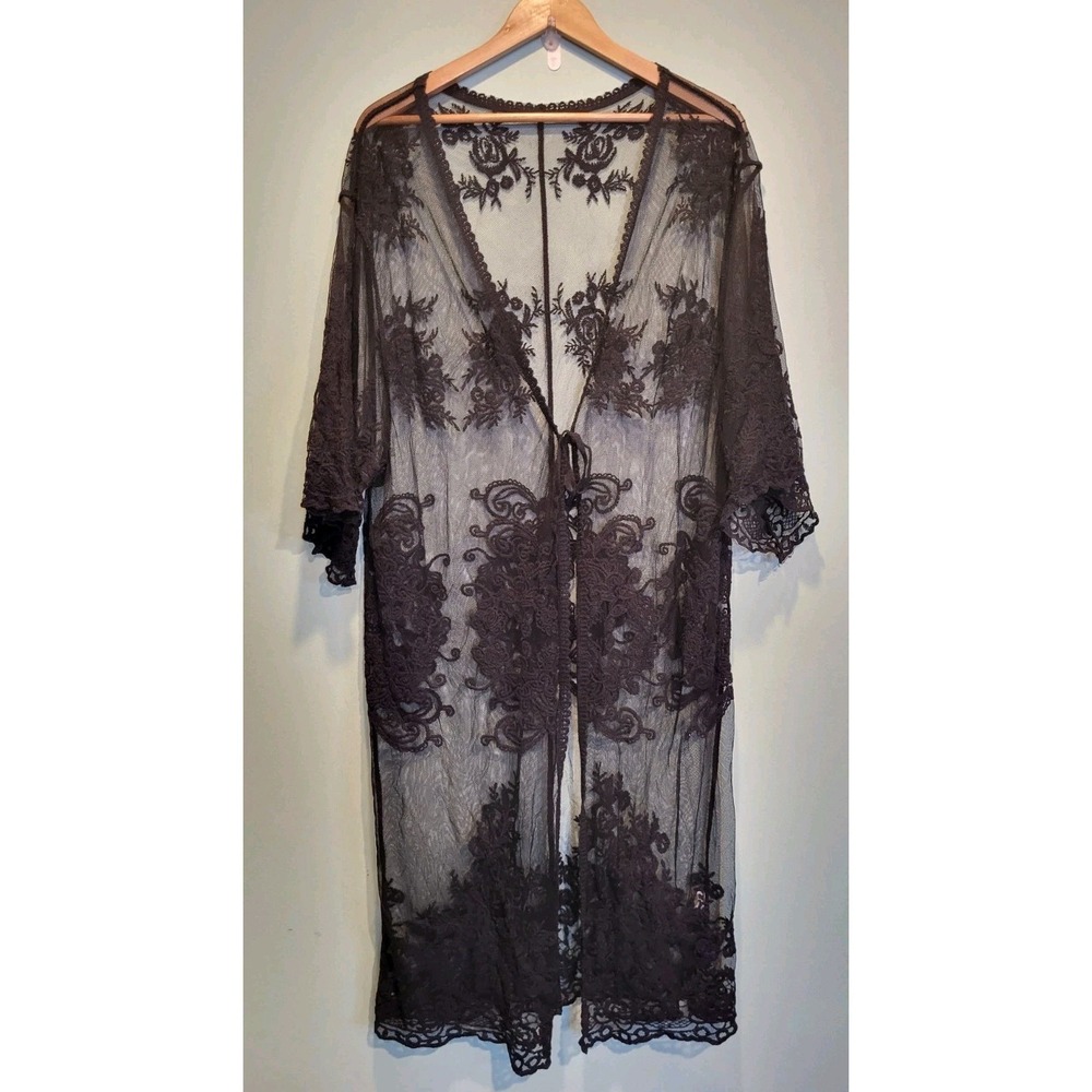 Black Sheer Lace Tie Front Kimono Robe Topper  Gothic Whimsigoth Fairygrunge M